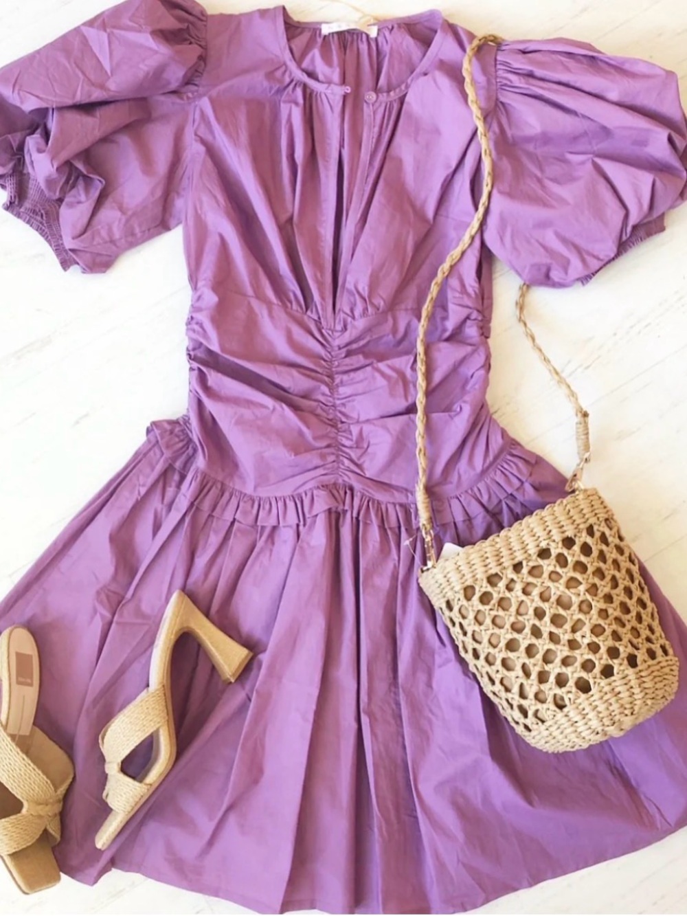 Karlie Lilac Puff-Sleeve Gathered Waist Dress